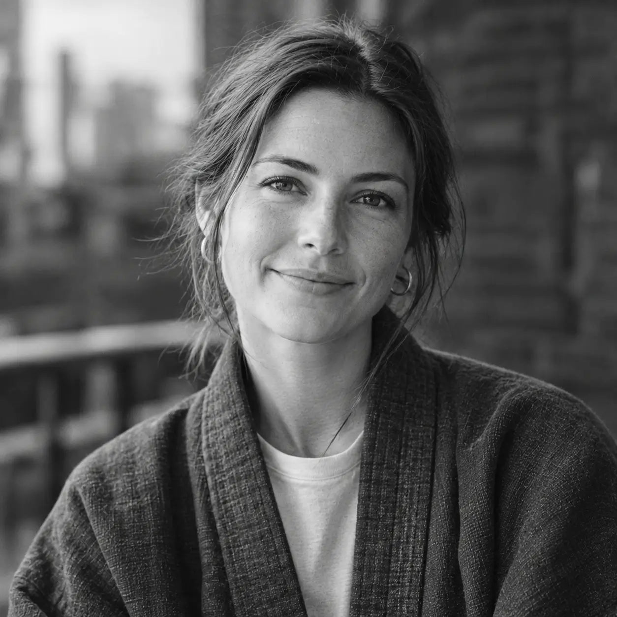 Zen Kimono review: Amanda K. from Brooklyn, NY in a charcoal textured kimono cardigan on a city rooftop
