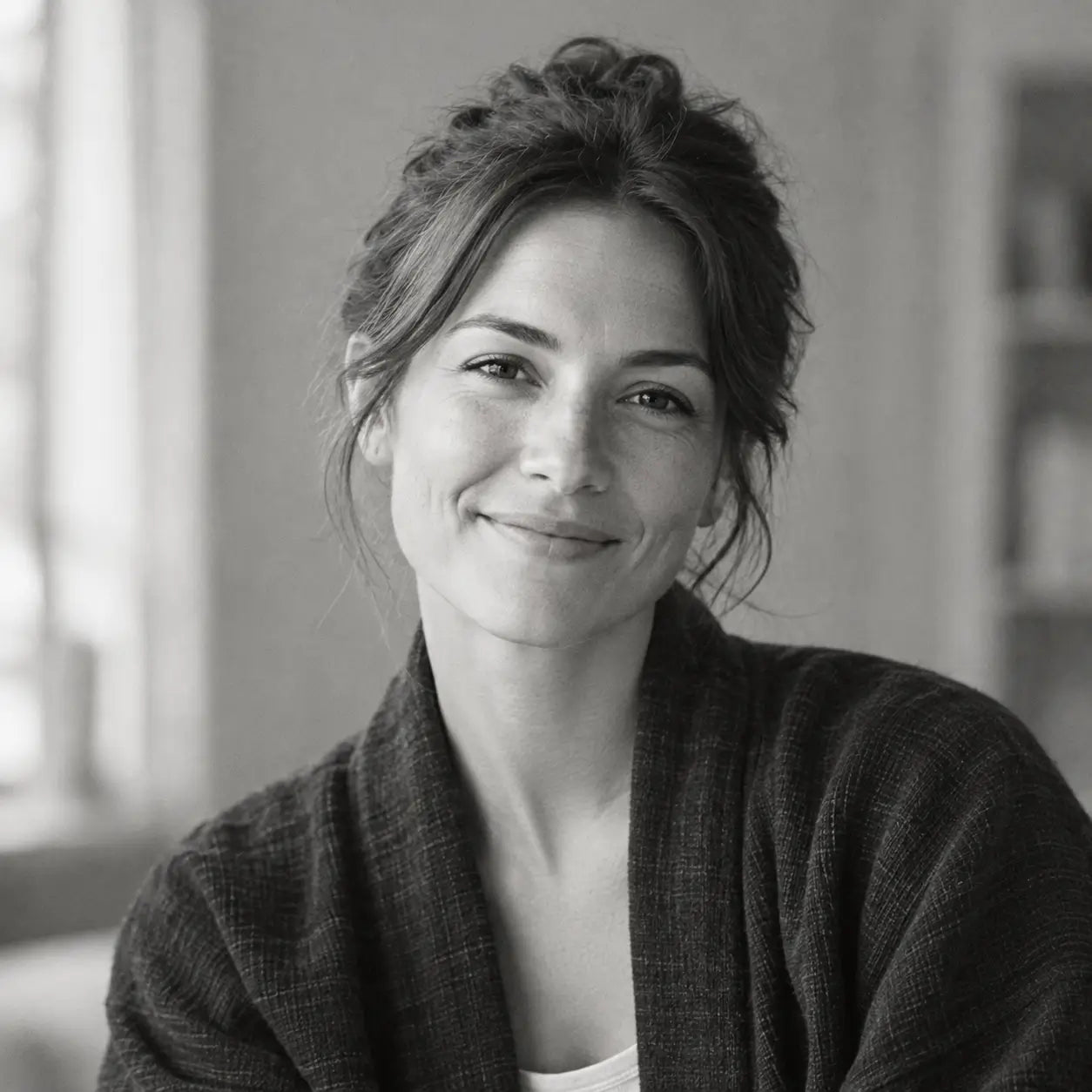 Zen Kimono review: Sarah L. from Chicago, IL at home in a dark woven kimono robe