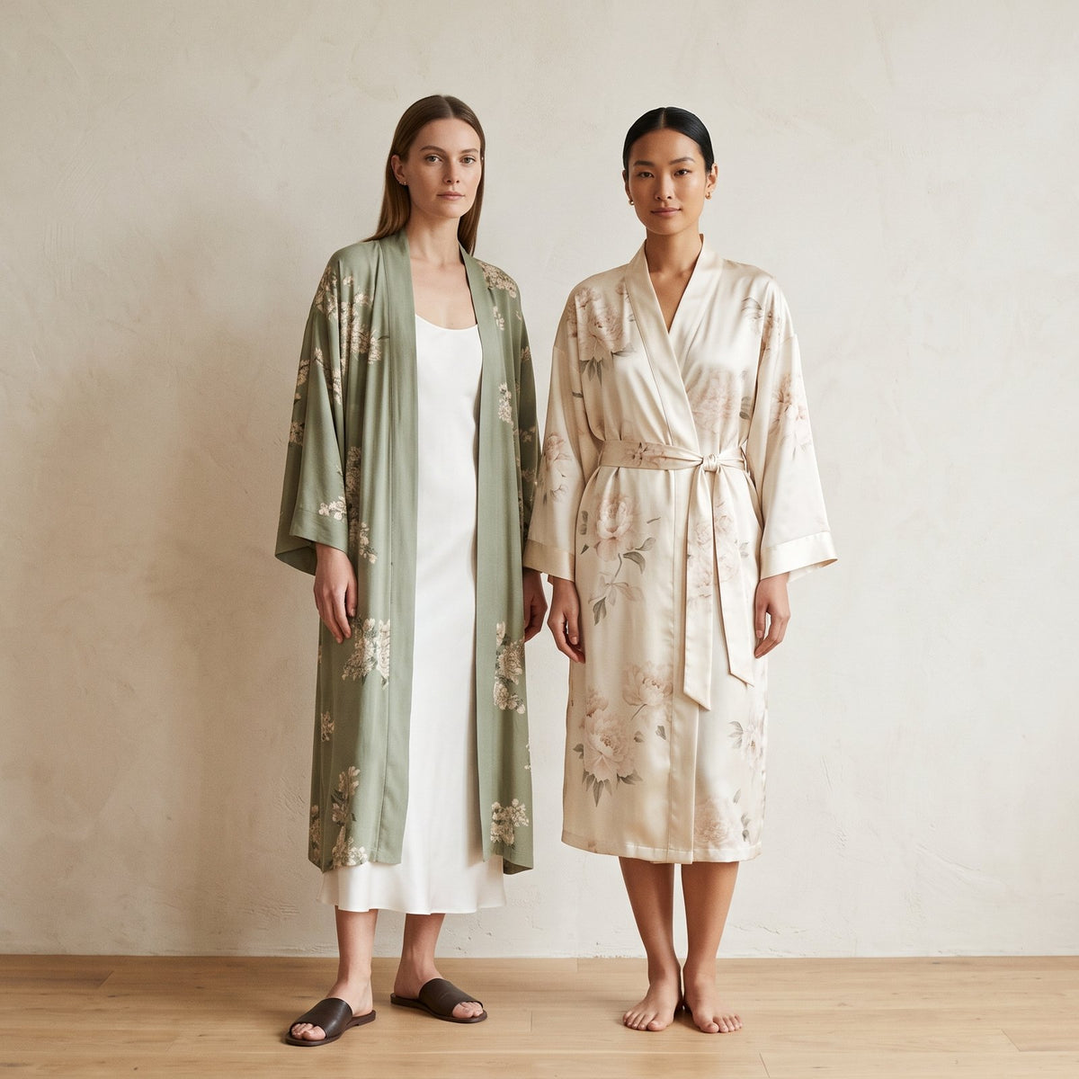 Two women in long kimono robes, one sage green over a white slip dress and one ivory floral satin with a tied sash